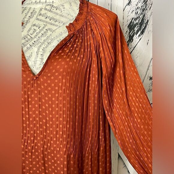 Current Air Anthropologie Blouse Polka Dots Pleated Rust L - Picture 3 of 10